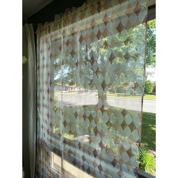 Vintage 70s curtain, sheer, orange brown white geometric pattern, single panel - Picture 3 of 10